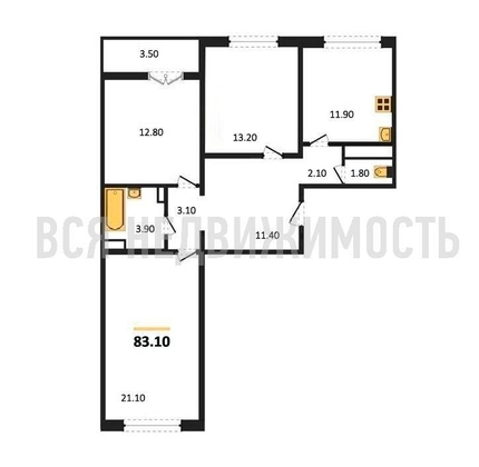 3-комнатная квартира, 83.1кв.м - изображение
