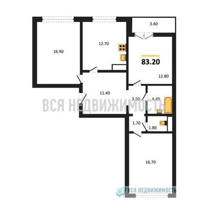 3-комнатная квартира, 83.2кв.м - изображение