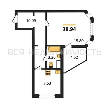1-комнатная квартира, 38.94кв.м - изображение