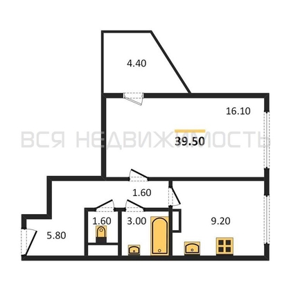 1-комнатная квартира, 39.5кв.м - изображение