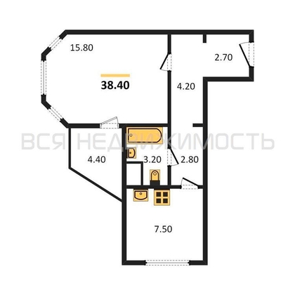 1-комнатная квартира, 38.4кв.м - изображение