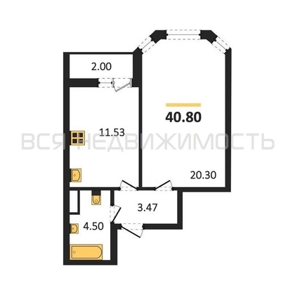 1-комнатная квартира, 40.8кв.м - изображение
