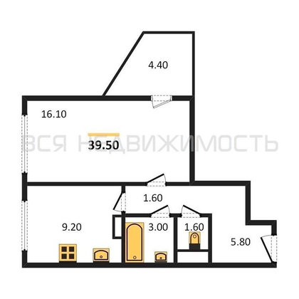 1-комнатная квартира, 39.5кв.м - изображение