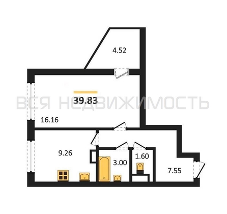 1-комнатная квартира, 39.83кв.м - изображение