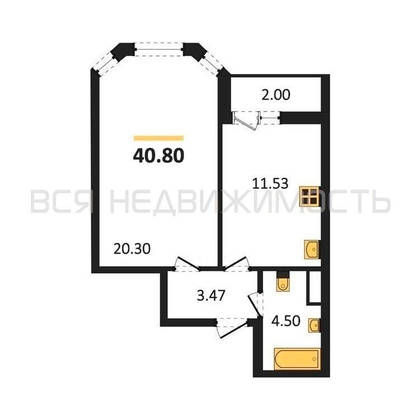 1-комнатная квартира, 40.8кв.м - изображение