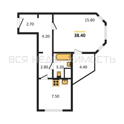 1-комнатная квартира, 38.4кв.м - изображение