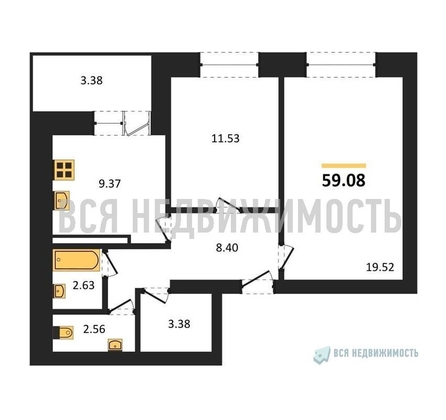 2-комнатная квартира, 59.08кв.м - изображение