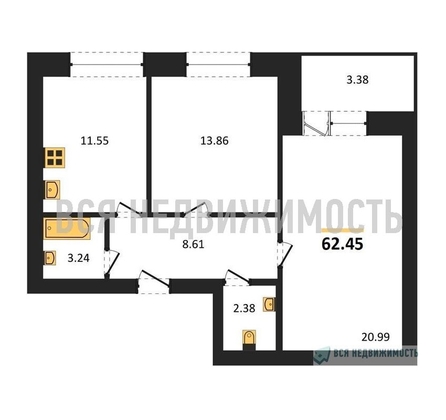 2-комнатная квартира, 62.45кв.м - изображение