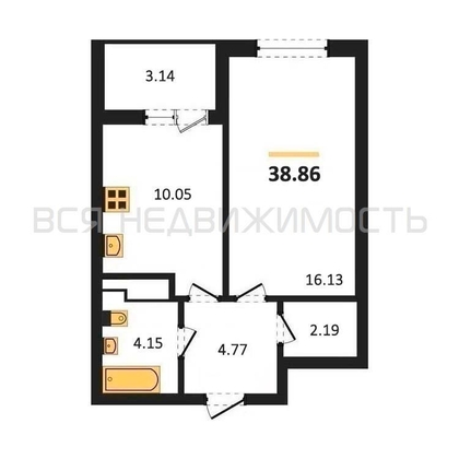 1-комнатная квартира, 38.86кв.м - изображение