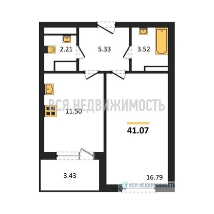 1-комнатная квартира, 41.07кв.м - изображение