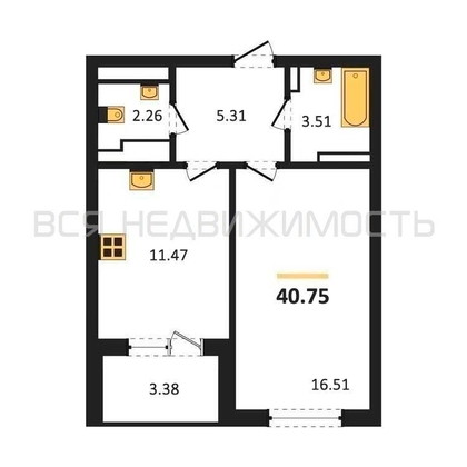 1-комнатная квартира, 40.75кв.м - изображение
