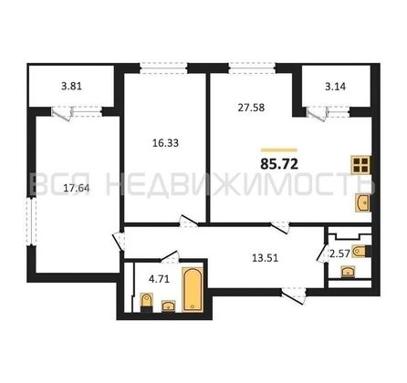 2-комнатная квартира, 85.72кв.м - изображение