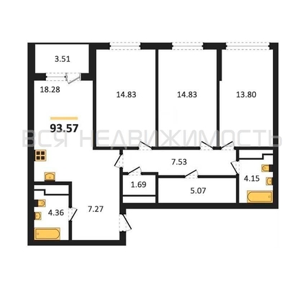 3-комнатная квартира, 93.57кв.м - изображение