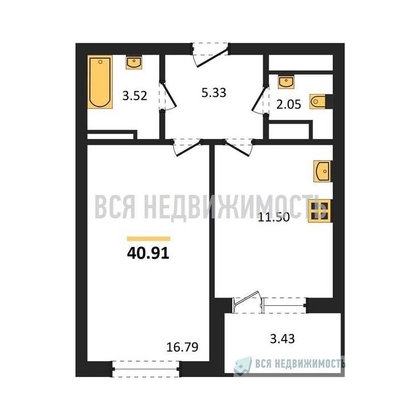 1-комнатная квартира, 40.91кв.м - изображение