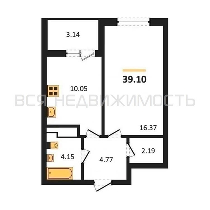 1-комнатная квартира, 39.1кв.м - изображение