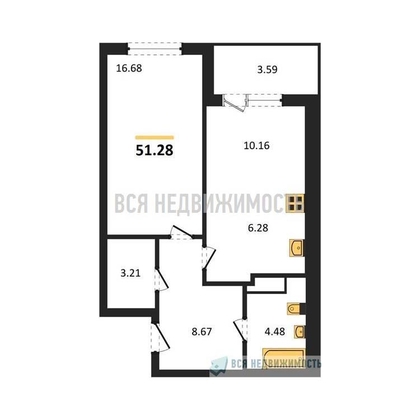 1-комнатная квартира, 51.28кв.м - изображение
