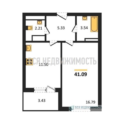 1-комнатная квартира, 43.65кв.м - изображение