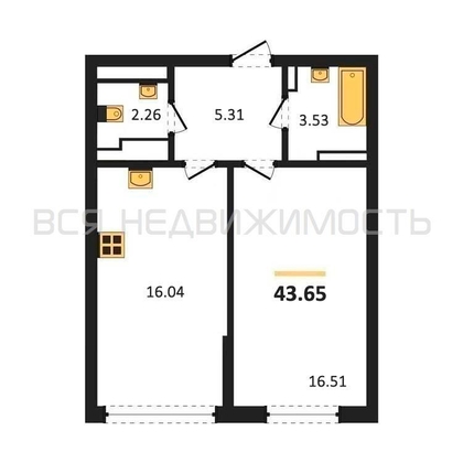 1-комнатная квартира, 43.65кв.м - изображение