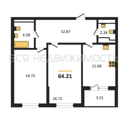 2-комнатная квартира, 64.21кв.м - изображение 1