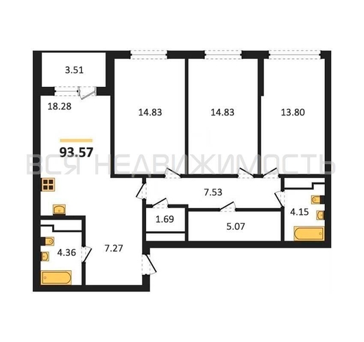 3-комнатная квартира, 93.57кв.м - изображение 0