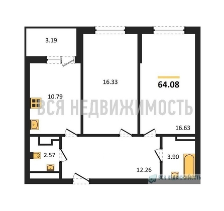 2-комнатная квартира, 64.08кв.м - изображение