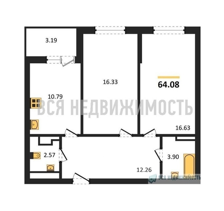2-комнатная квартира, 63.77кв.м - изображение