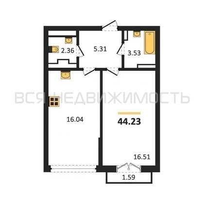 1-комнатная квартира, 44.23кв.м - изображение