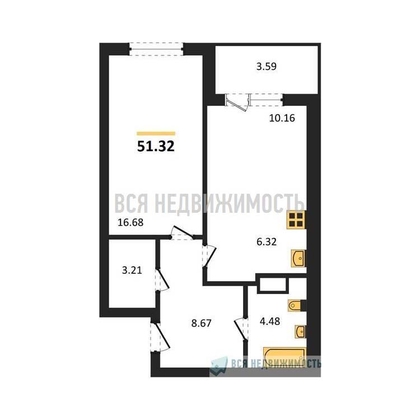 1-комнатная квартира, 51.32кв.м - изображение
