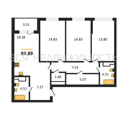 3-комнатная квартира, 93.89кв.м - изображение