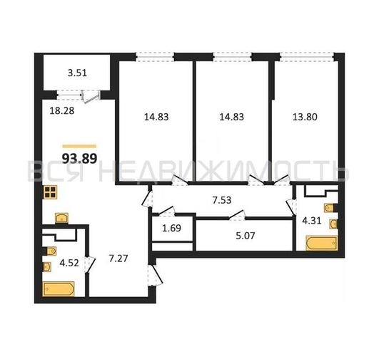 3-комнатная квартира, 93.89кв.м - изображение 0