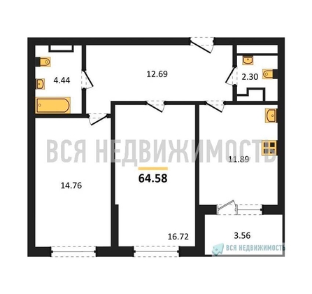 2-комнатная квартира, 64.58кв.м - изображение