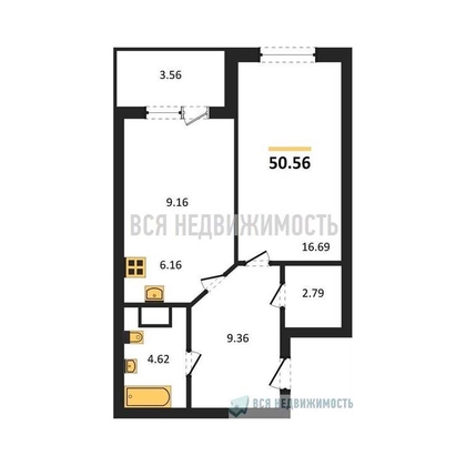 1-комнатная квартира, 50.56кв.м - изображение