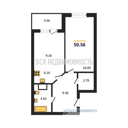 1-комнатная квартира, 50.06кв.м - изображение