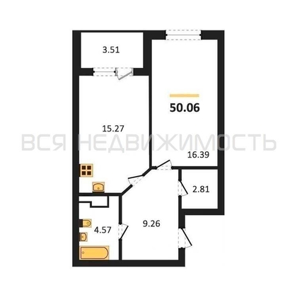 1-комнатная квартира, 50.06кв.м - изображение