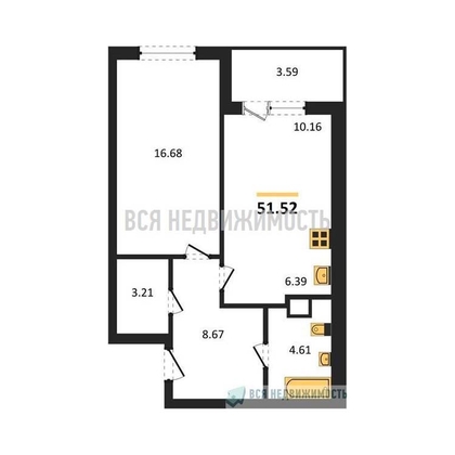 1-комнатная квартира, 51.52кв.м - изображение