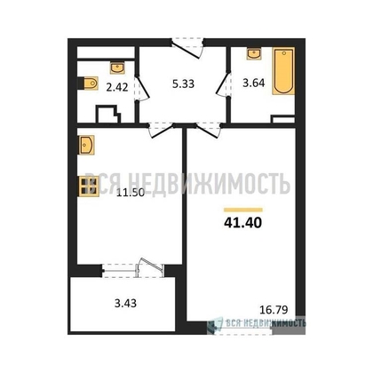 1-комнатная квартира, 41.1кв.м - изображение
