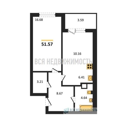 1-комнатная квартира, 51.57кв.м - изображение