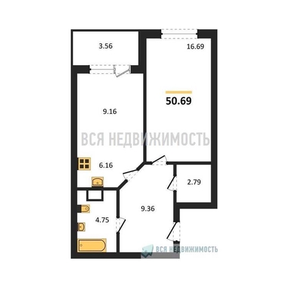 1-комнатная квартира, 50.69кв.м - изображение