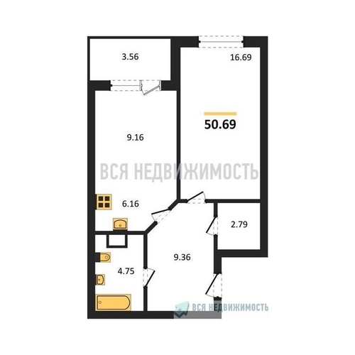 1-комнатная квартира, 50.69кв.м - изображение 0