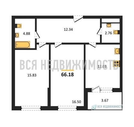 2-комнатная квартира, 66.18кв.м - изображение