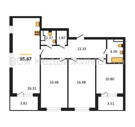 3-комнатная квартира, 95.87кв.м - изображение