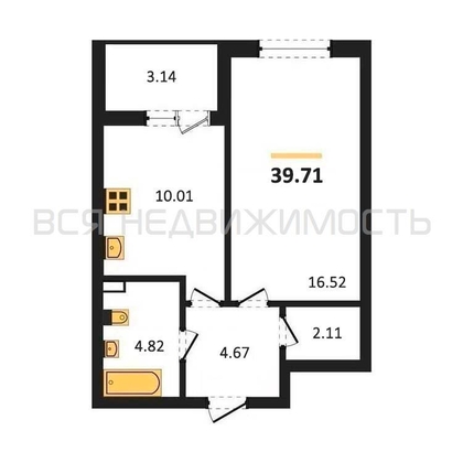 1-комнатная квартира, 39.71кв.м - изображение