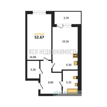 1-комнатная квартира, 52.67кв.м - изображение