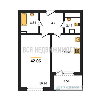 1-комнатная квартира, 42.06кв.м - изображение
