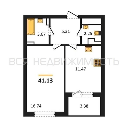 1-комнатная квартира, 41.13кв.м - изображение