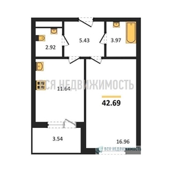 1-комнатная квартира, 41.64кв.м 1-комнатная квартира, 41.64кв.м - изображение 1