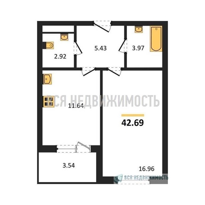 1-комнатная квартира, 41.64кв.м - изображение