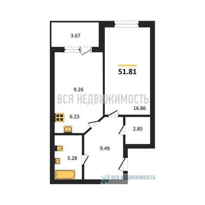 1-комнатная квартира, 51.81кв.м - изображение