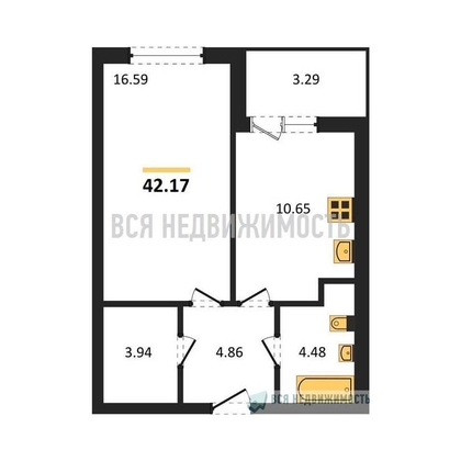 1-комнатная квартира, 42.17кв.м - изображение
