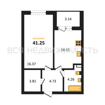 1-комнатная квартира, 41.25кв.м - изображение